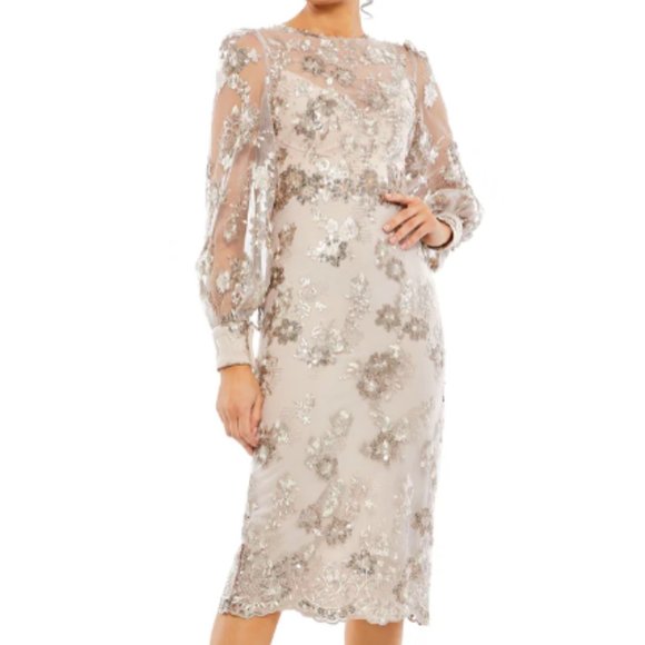 MAC DUGGAL 70237 EMBELLISHED HIGH NECK ILLUSIONS LONG SLEEVE MOCHA MIDI DRESS 8 - Picture 5 of 5